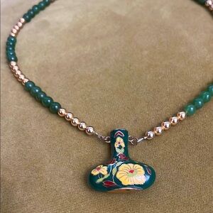 Cute little Green Cloisonne Vase Pendant Necklace Floral 1970s